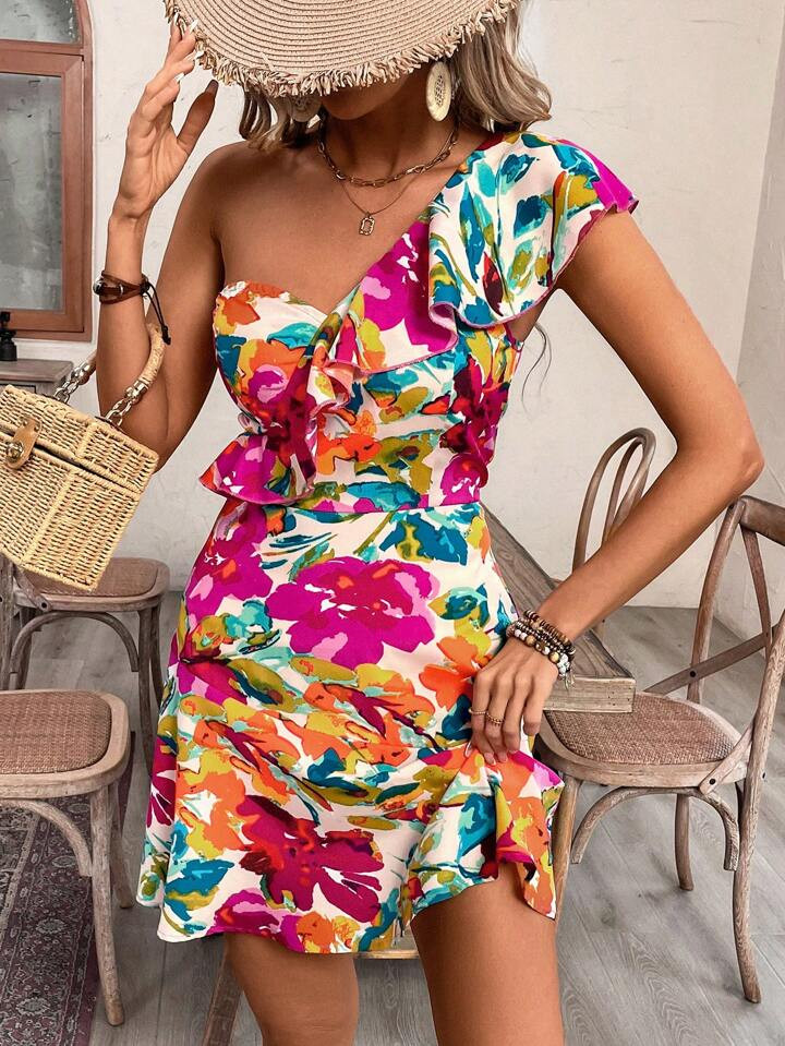 SHEIN VCAY Women Elegant Floral Printed Ruffle Hem Dress For Vacation | SHEIN