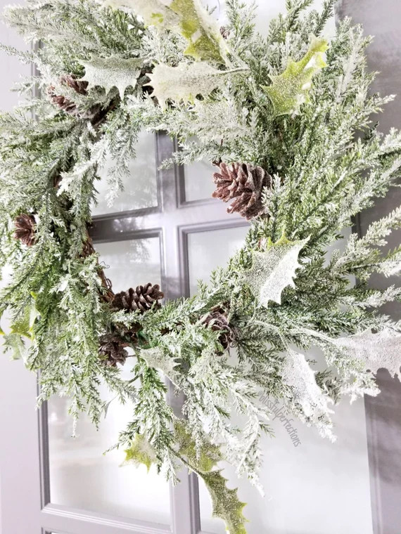 Frosted Holly Wreath - Holly with Pine Cones Wreath, Holiday Wreath, Christmas Wreath,Farmhouse Wrea | Etsy (US)
