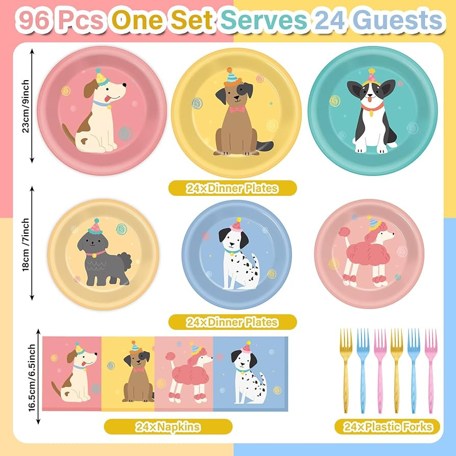 96Pcs Pet Dog Birthday Party Supplies Retro Puppy Themed Paper Plates Napkins Vintage Puppy Face ... | Amazon (US)