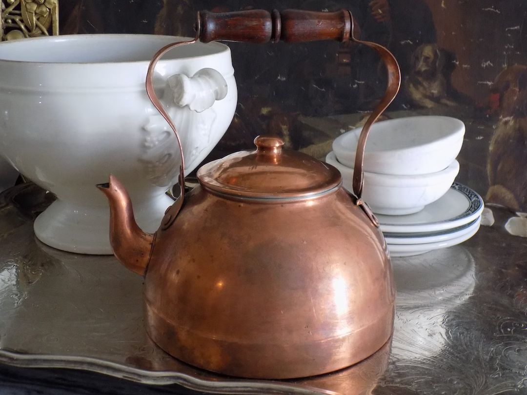 Vintage Copper Teapot. Wood Handle. Kettle. Kitchen Decor. Cottage. Farmhouse. | Etsy (US)