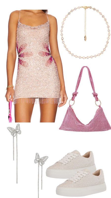Summer Bachelorette outfit inspo: 🪩Retrofete butterfly dupe, sparkly pink dress, Cult Gaia dupe knotted glitter purse and fun butterfly earrings!

#LTKunder100 #LTKwedding #LTKunder50