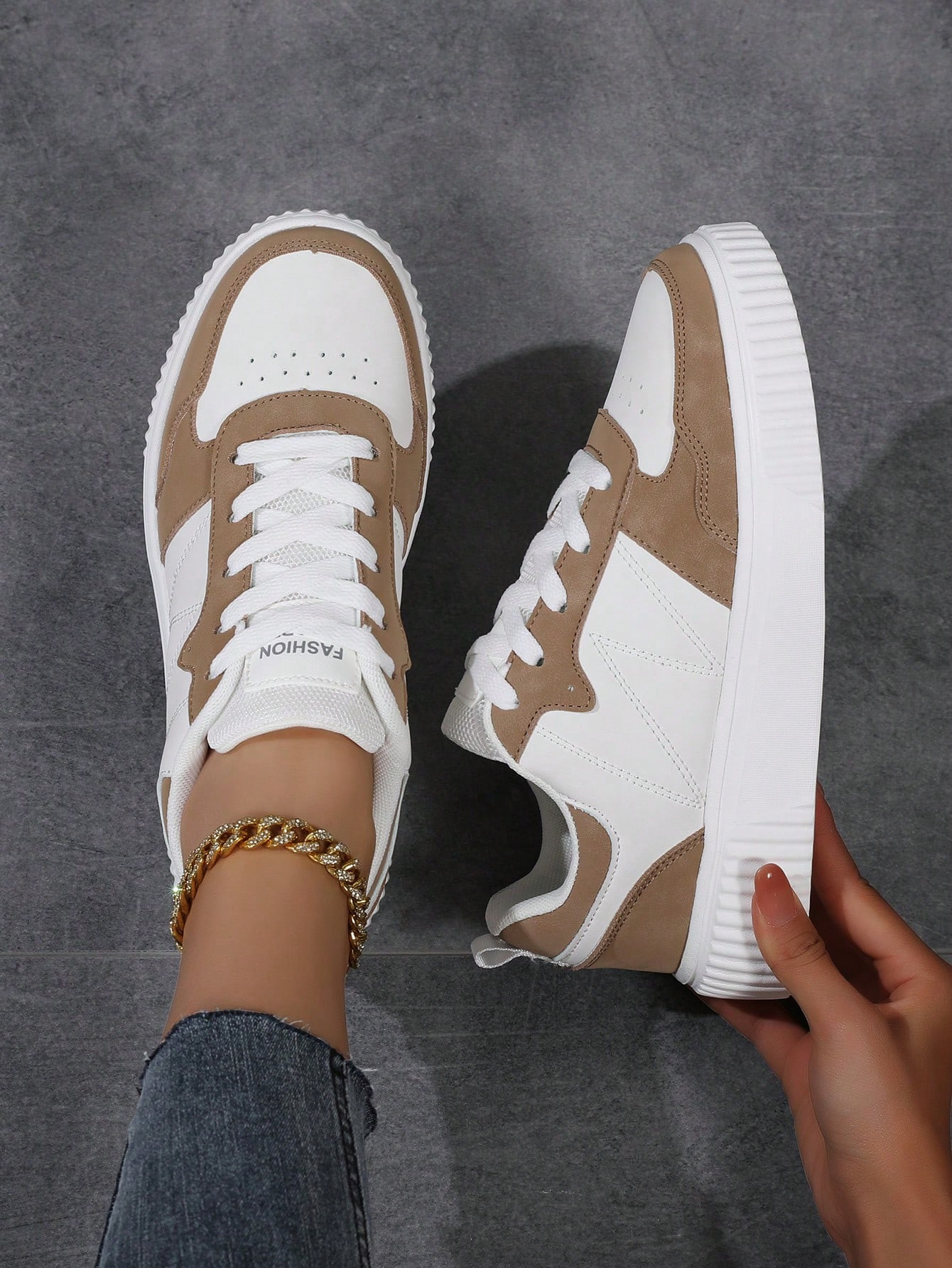 Sneakers Women's Lace-Up Casual Sport Shoes White Brown Sneakers Skate Shoes Lightweight For Stre... | SHEIN