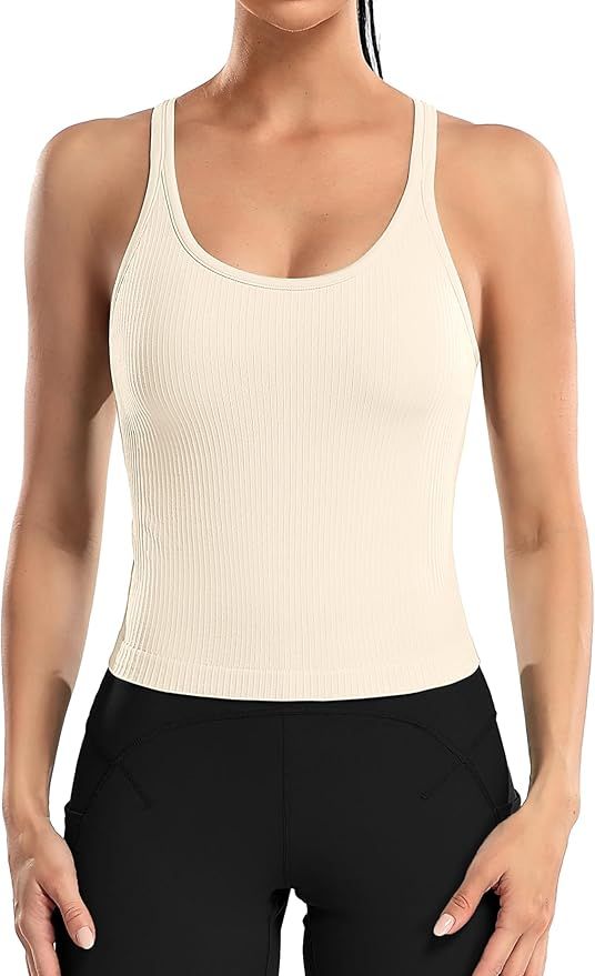 ATTRACO Women Ribbed Workout Crop Tops with Built in Bra Yoga Racerback Tank Top Tight Fit | Amazon (US)