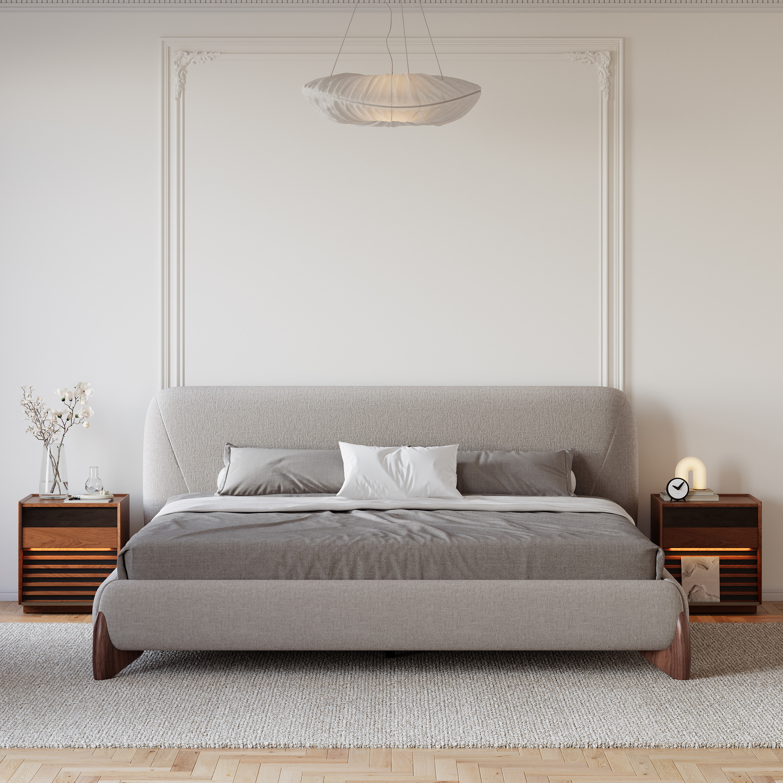 Curva Modern Gray Cotton & Linen Platform Bed King Size Bed Frame with Upholstered Headboard & 2 Nightstands Set | Homary