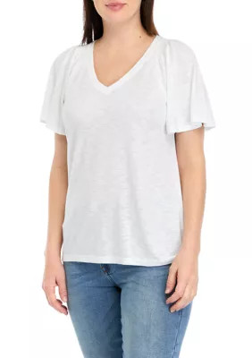 Wonderly Women's V-Neck Flutter Sleeve Solid T-Shirt, White, Small | Belk