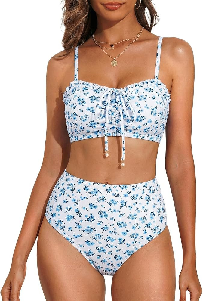 Herseas Women's Floral Print Bikini Sets Lace Up Front 2 Piece High Wasited Swimsuits Ruched Ruff... | Amazon (US)