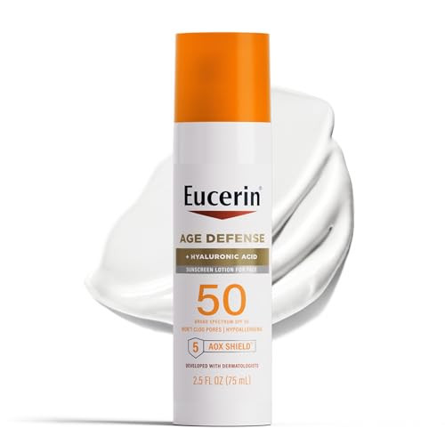 Eucerin Sun Age Defense SPF 50 Face Sunscreen Lotion with Hyaluronic Acid, Hypoallergenic, Non-Comedogenic Sunscreen SPF 50 Free of Fragrance, Oxybenzone and Octinoxate, 2.5 Fl Oz Bottle | Amazon (US)