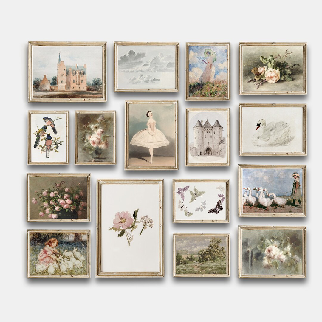 Girls Room Nursery Vintage, Gallery Wall Art Set of 16, Soft Pink Prints, Flowers Neutral Tones, ... | Etsy (US)