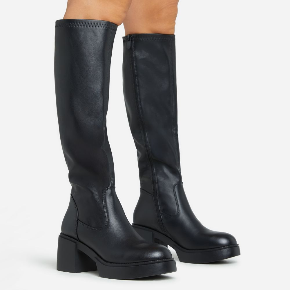 Caesar Chunky Block Heel Knee High Long Boot In Black Faux Leather | EGO Shoes (US & Canada)