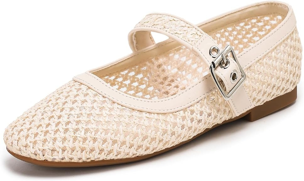 katliu Woven Mesh Flats for Women Round Toe Ballet Flats Mary Jane Flat Shoes with Buckle | Amazon (US)