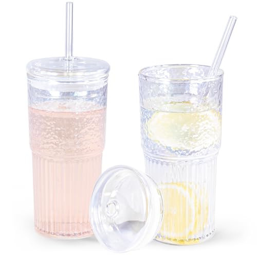 Icesip 2Pcs 20 oz Glass Cups with Glass Lids and Straws Vintage Ribbed Glassware Tumblers Vertical Stripe Cups Coffee Iced Juice Cup(Rainbow*2) | Amazon (US)