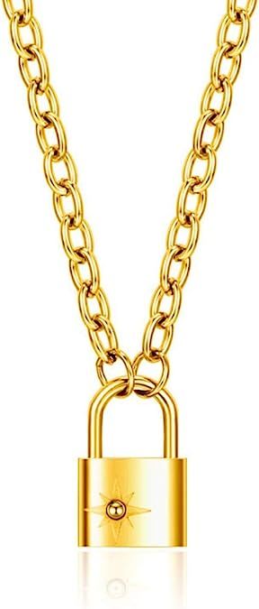 ISAACSONG.DESIGN Padlock Chain Necklace, Gold Plated Lock with Star Pendant Chain Necklace for Wo... | Amazon (US)