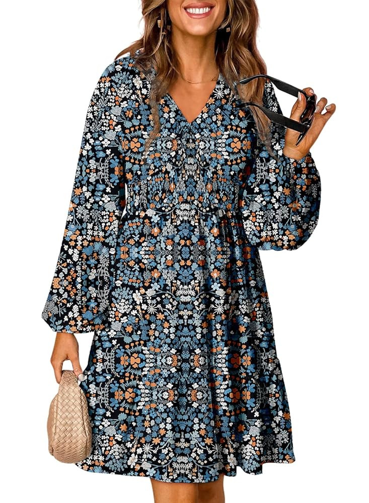 Dokotoo Fall Dresses for Women 2025 Boho Floral V Neck Long Sleeve Smocked Elastic Waist Casual A... | Amazon (US)