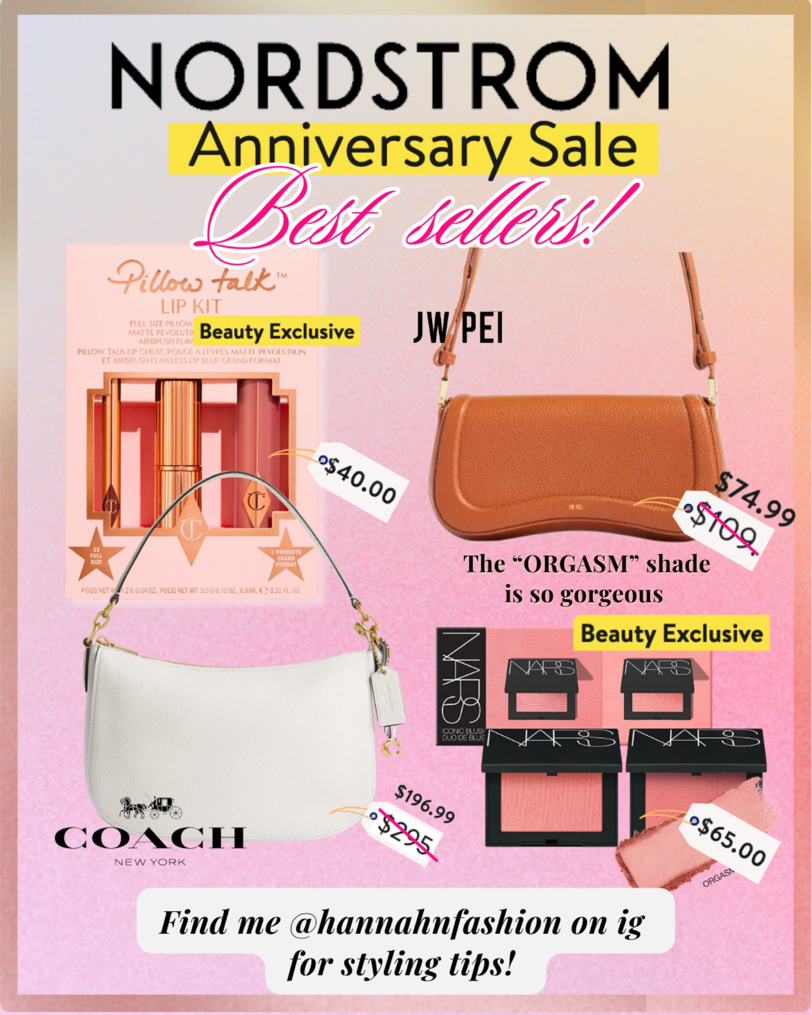 "Unbelievable deals at the Nordstrom Sale! Snag these stylish finds before they're gone. Tap to shop! 💖
.
.
.
My Nordstrom wish list:
NARS Iconic Blush Duo 💖
Coach Pebbled Leather Top Handle Bag💖
Charlotte Tilbury Pillow Talk Lip Kit 💖
JW PEI Joy Faux Leather Shoulder Bag 💖
NARS Iconic Blush Duo 💖
.
.
.
I know I am definitely late in this Nordstrom sale but well, there are  still some hidden gems! Hopefully they are still in stock!💖 I bought the NARS blush set - literally my favourite shades 🥹😭

Enjoy my loves 💖


#NordstromSale #LTKsale"

#LTKSaleAlert #LTKxNSale