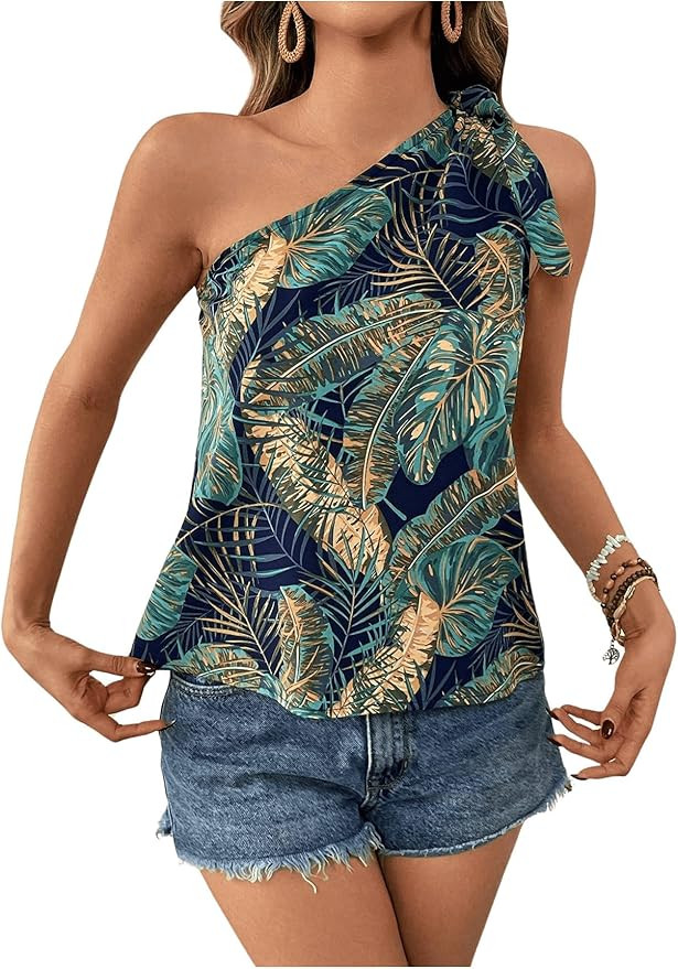 MakeMeChic Women's One Shoulder Blouse Top Tropical Print Tie Side Boho Sleeveless Summer Shirts | Amazon (US)