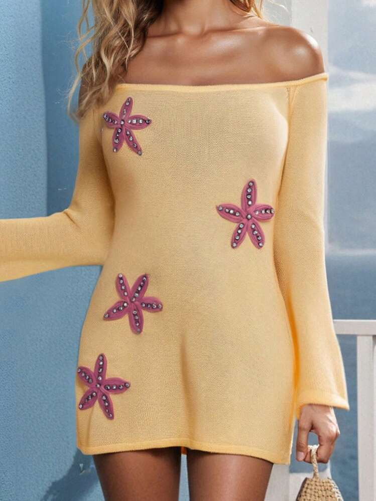 Women Starfish Sequin Mini Dress Off Shoulder Long Sleeve Knit Short Dress Sheer See Through Summer Beach Vacation Dresses | SHEIN