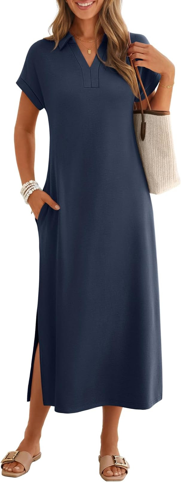 MEROKEETY Women's Summer Casual Maxi Dress 2026 Cap Sleeve V Neck Collared Beach Vacation T Shirt... | Amazon (US)