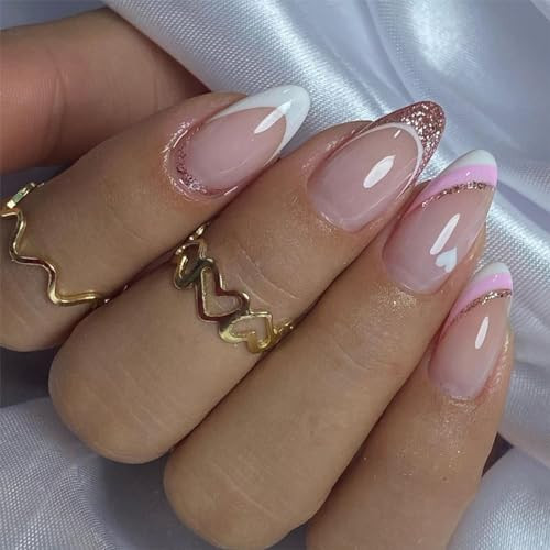 Glitter French Tip Press on Nails Short Almond Fake Nails Pink False Nails Press ons with Designs Acrylic Nails Full Cover Glossy Glue on Nails Artificial Stick on Nails for Women Nails Manicure 24Pcs | Amazon (US)