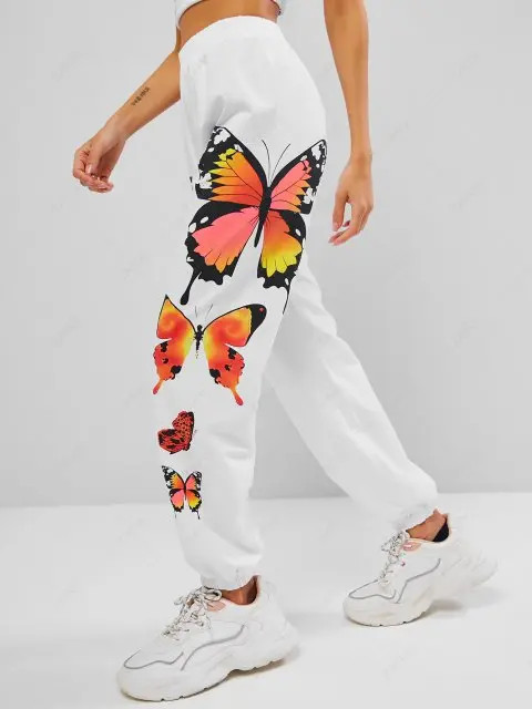 High Waisted Butterfly Graphic Jogger Pull-on Sweatpants - White S | ZAFUL (Global)