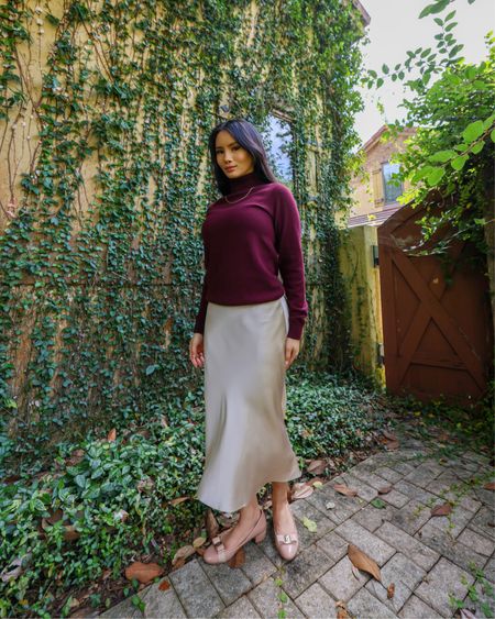MUST-HAVE Classy outfit idea!!! This outfit is perfect for fall and winter. Here I am wearing a cashmere turtleneck sweater and a silk skirt. I have been wearing this silk skirt multiple times a week! It is so easy to pair in outfits. 

#LTKfit #LTKstyletip #LTKSeasonal