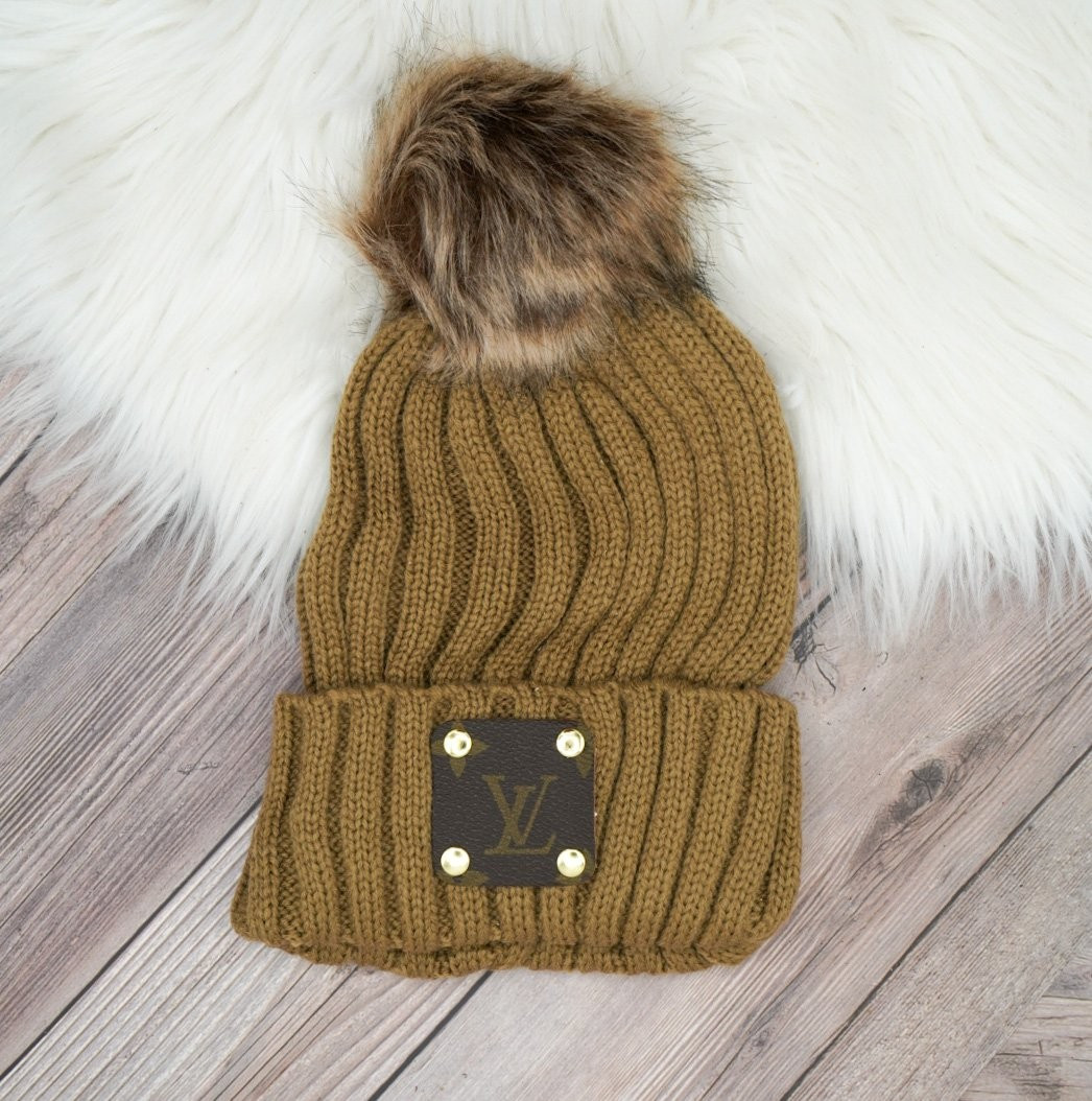 Brown Pom Pom Beanie with LV Monogram Patch | Sparkl