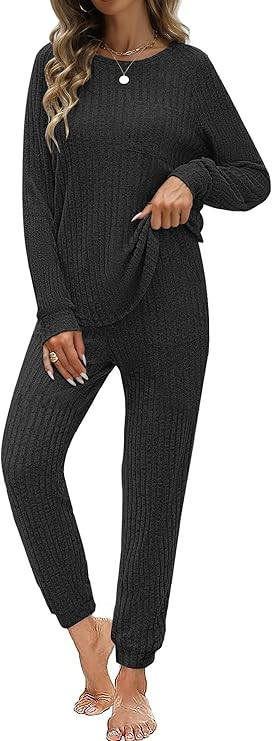 JUSTFASHIONNOW Womens Ribbed Knit Lounge Set 2 Piece Outfits Long Sleeve Pajama Set Loungewear Jo... | Amazon (US)