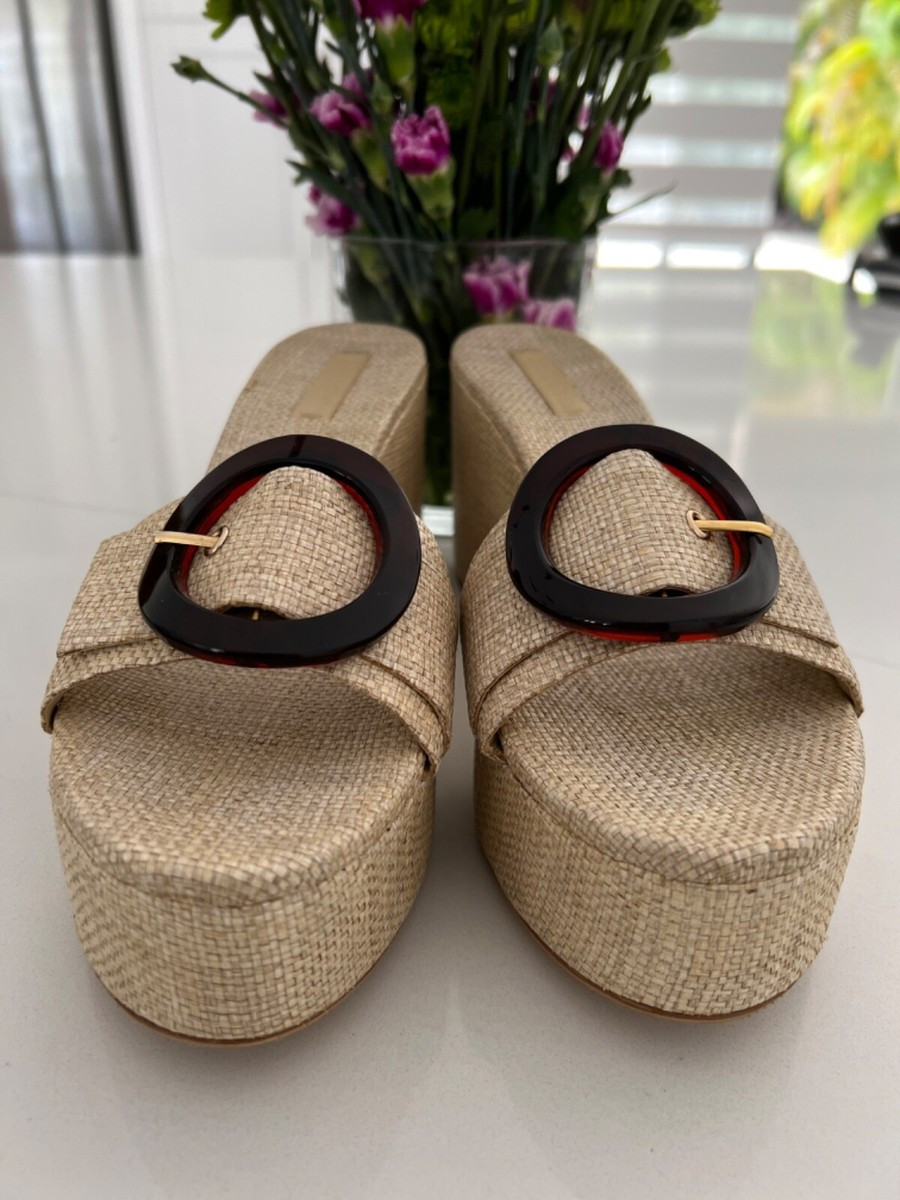 Cult Gaia Cleia Platform Wedge Mules Natural Raffia Sandals Block Heel Shoes | eBay US