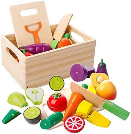 SENZYKG Wooden Play Food for Kids Kitchen Pretend Play Food Toys for Toddlers Cutting Fruit Veget... | Amazon (US)