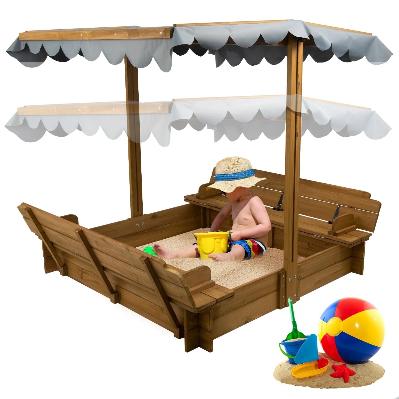 PETSCOSSET Wooden Sandbox with Cover, 48x48" Kids Sandbox with 2 Foldable Bench Seats - Walmart.c... | Walmart (US)