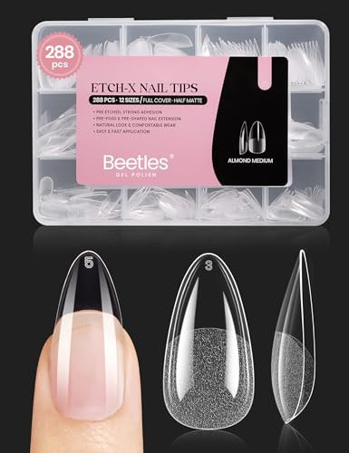 Beetles Gel Nail Tips Medium Almond Etch X, 12 Sizes 288 PCS Half Matte Full Cover Press on False Nail Tips Clear Acrylic Nails Extension Glue on Nails DIY Gift for Women | Amazon (US)