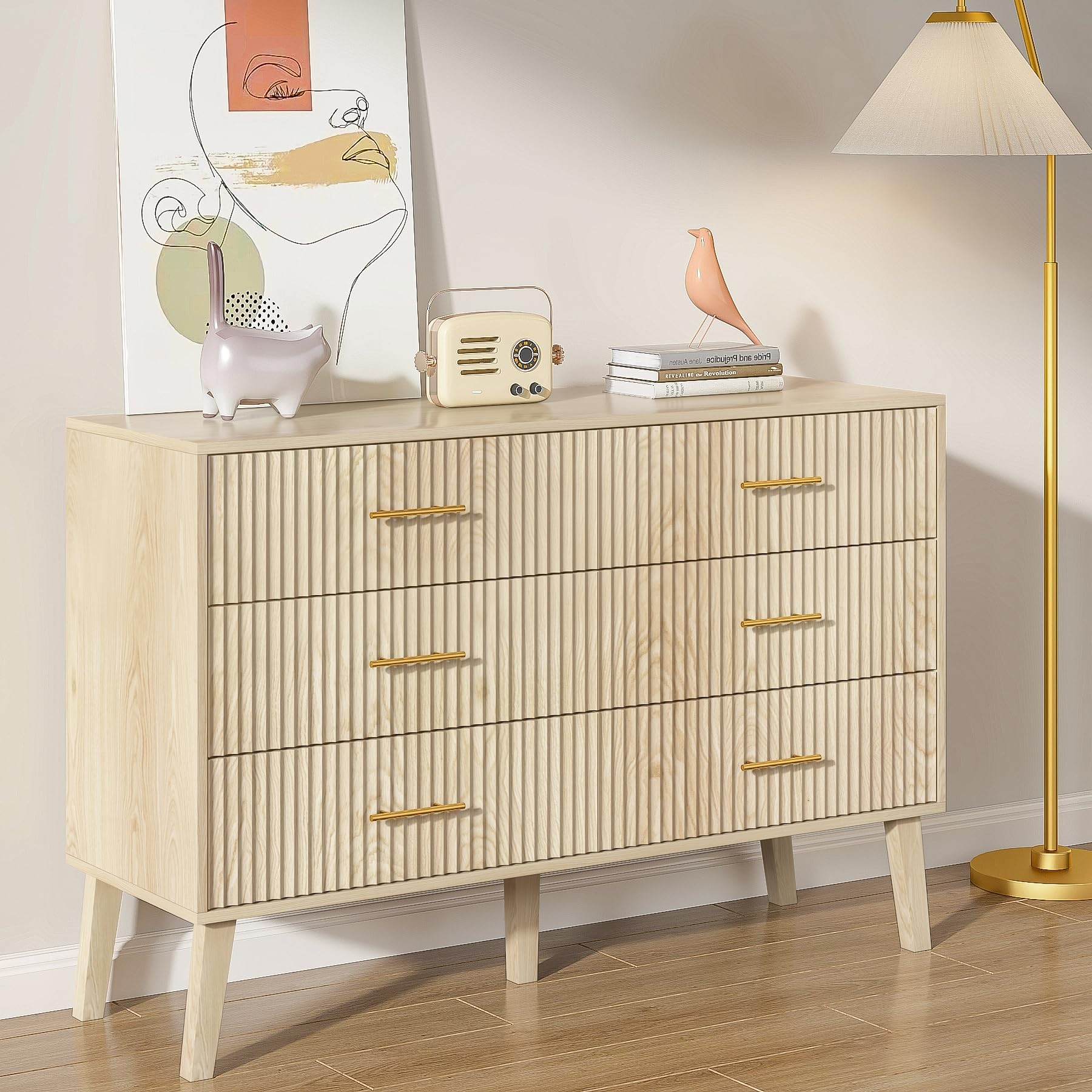 Accent 6 Drawer Dresser, Modern Closet Dressers Chest of Drawers with Fluted Panel, Living Room B... | Amazon (US)