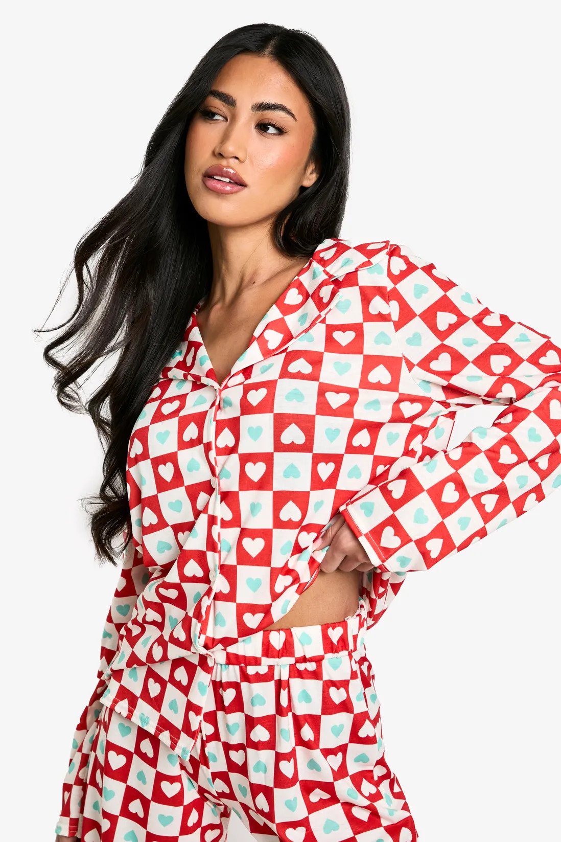 Heart Print Long Sleeve Shirt & Trouser Pyjama Set | Boohoo.com (UK & IE)