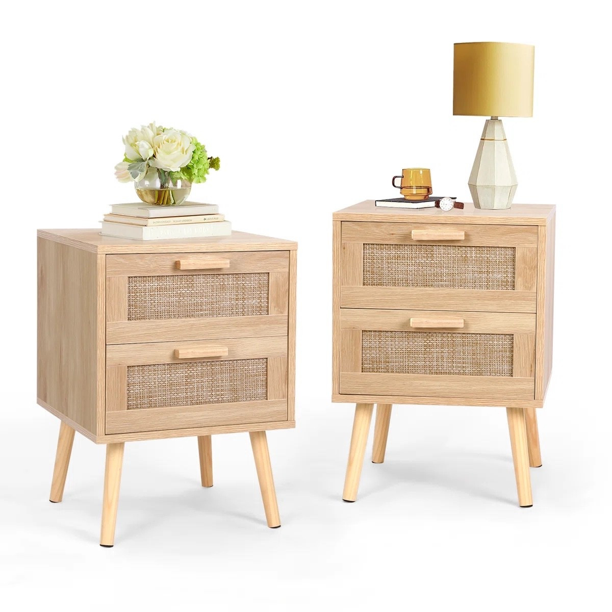 These rattan nightstands from Wayfair are the perfect mix of natural texture and modern style. Featuring two storage drawers, light wood finish, and woven rattan detailing, they add warmth and function to any bedroom. Styled with a table lamp, books, and fresh flowers for an effortless look. ✨ Part of the Deals of the Day with 71% off, making it a must-grab find. 

#LTKSaleAlert #LTKHome
