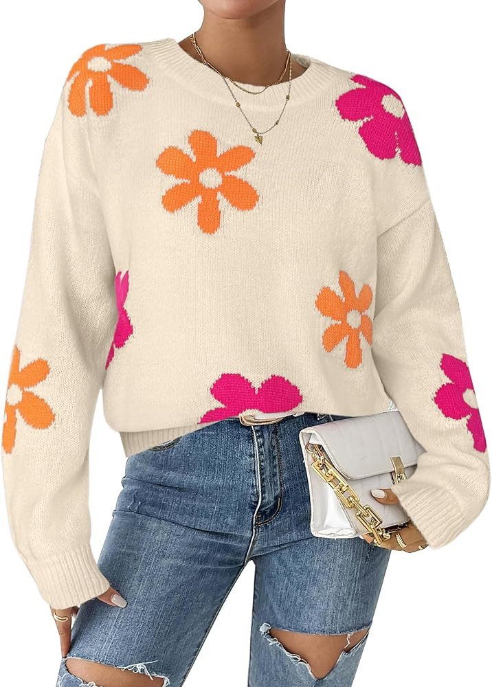 Libsorge Womens Oversized Cute Flower Sweater Fall 2025 Trendy Vintage Y2k Floral Knit Crewneck L... | Amazon (US)
