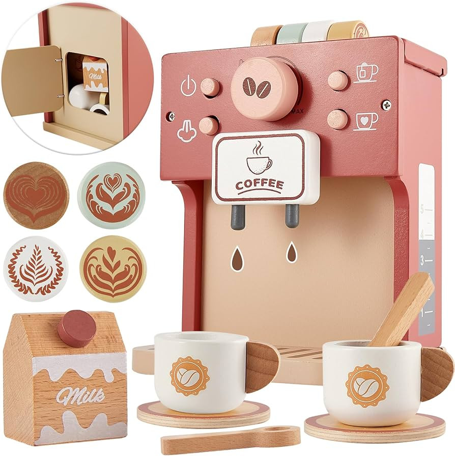 BUYGER Toy Coffee Maker for Kids, Wooden Coffee Playset Pretend Play Kitchen Accessories Gifts fo... | Amazon (US)