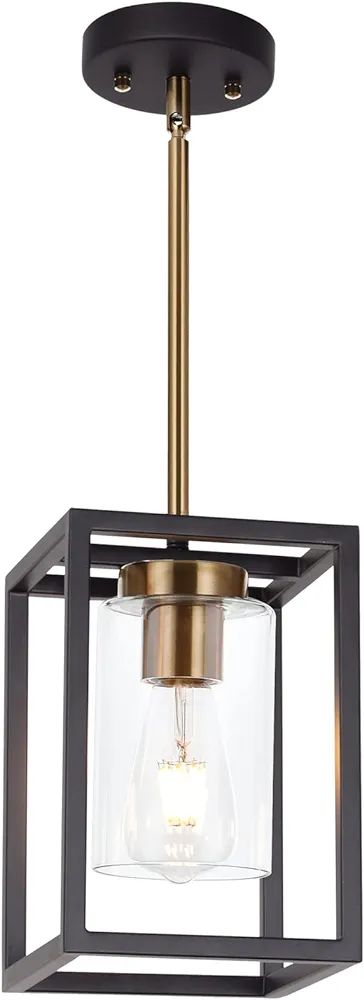 VINLUZ 1-Light Interior Lantern Pendant Light,Black and Brushed Brass Finish Farmhouse Chandelier... | Amazon (US)