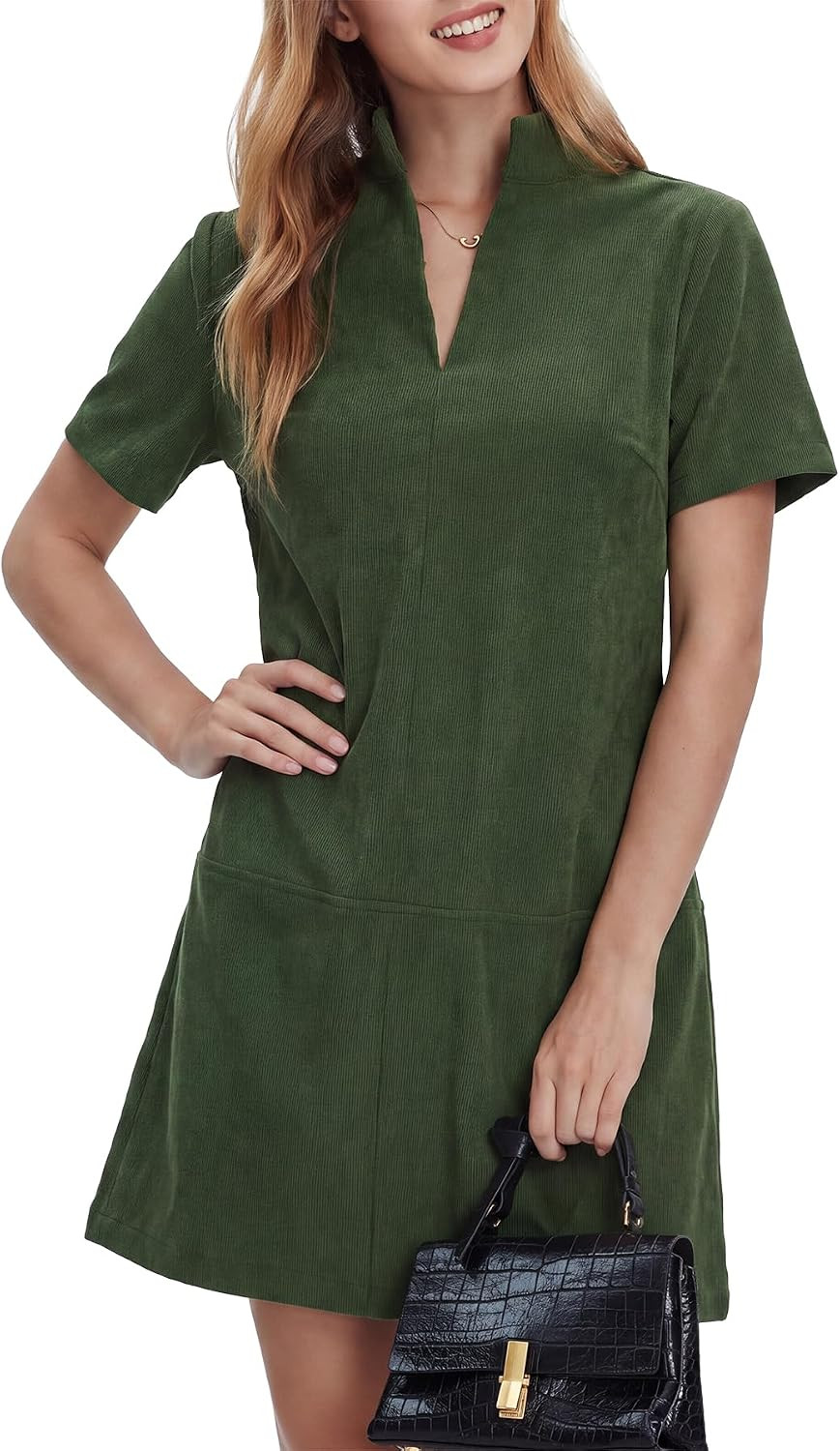 EZAPINE Corduroy Dress for Women Short Sleeve V Neck Fall Winter Mini Dress | Amazon (US)