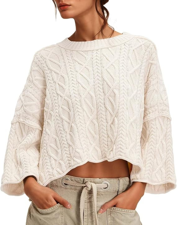 Women's Cable Knit Cropped Sweaters Oversized Fall Sweater Long Sleeve Knit Trendy Pullover Tops | Amazon (US)