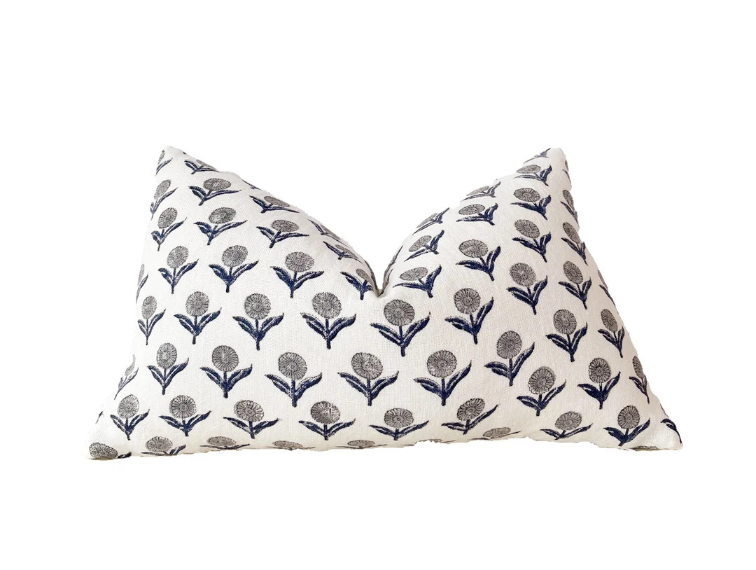 Block print linen pillow. Indigo blue/gray and white background floral pillow, lumbar pillow cove... | Etsy (US)