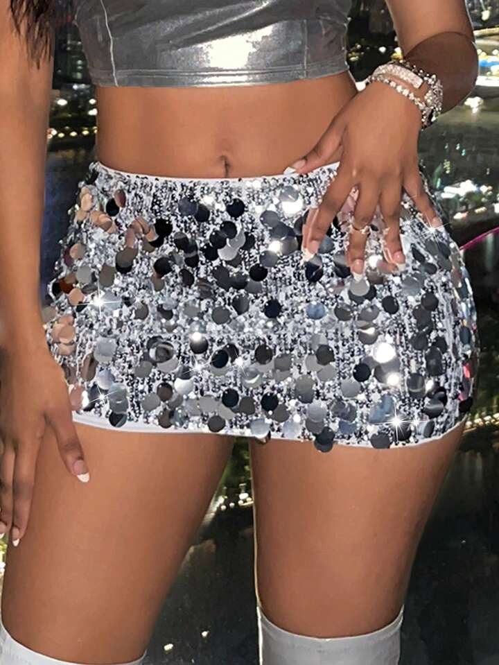 SHEIN Slayr Large Sequin Embellished Slim Fit Mini Skirt For Parties | SHEIN