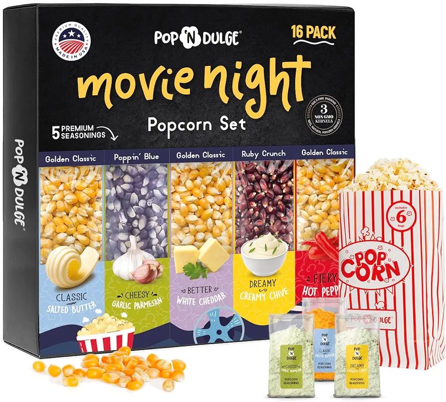 Popcorn Movie Night Supplies Popcorn Kernels and Popcorn Seasoning Set of 16, 5 Gourmet Popcorn P... | Amazon (US)