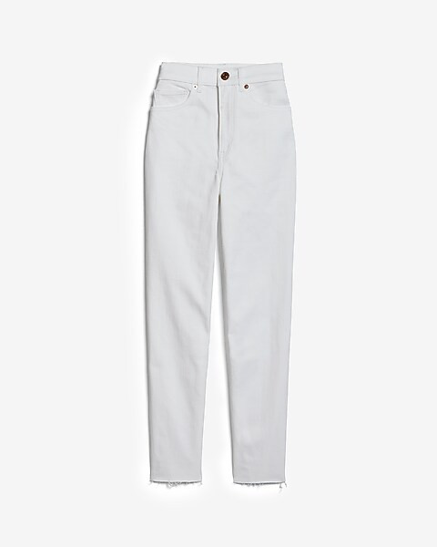 Super High Waisted White Raw Hem Mom Jeans | Express