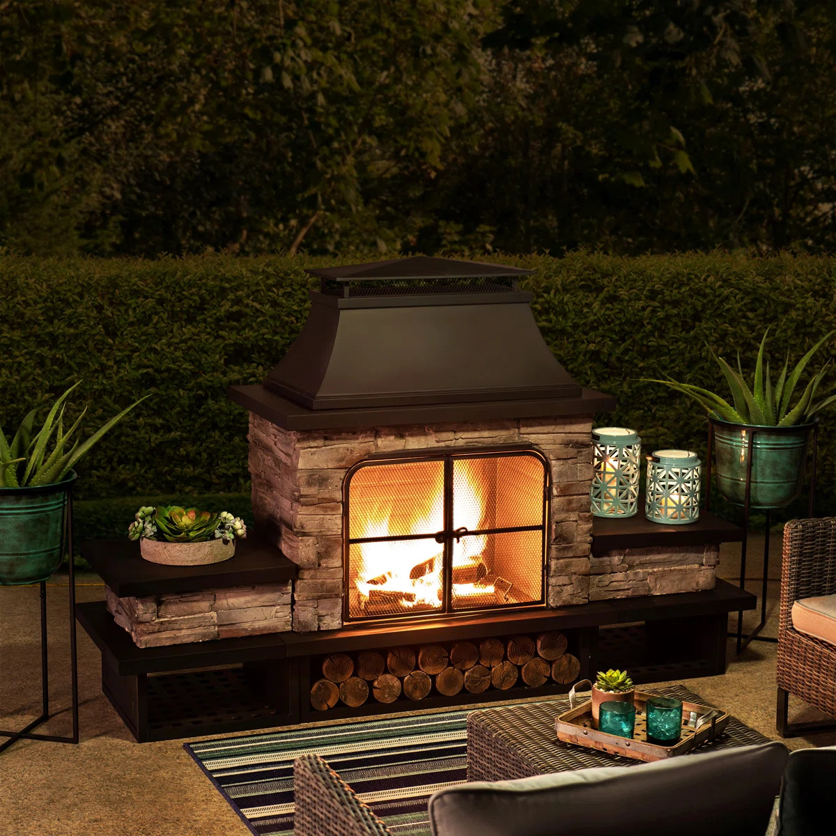 Sunjoy Quillen Outdoor Fireplace, Patio Wood Burning Fireplace with Steel Chimney, Mesh Spark Scr... | Wayfair North America