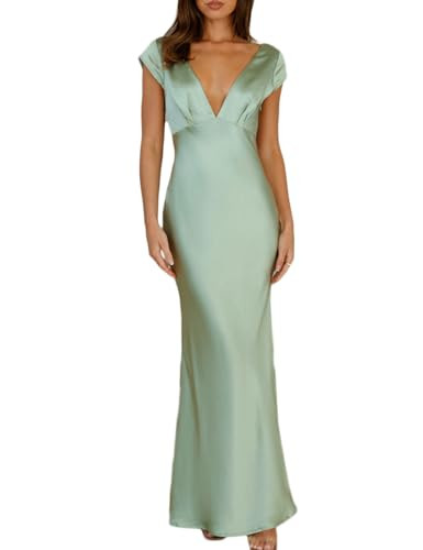 Amazon.com: Halfisland Womens Summer Satin V Neck Cap Sleeve Backless Maxi Dress Elegant Twist Cu... | Amazon (US)