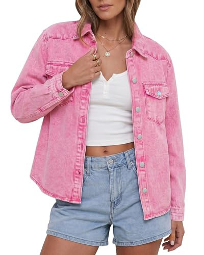 luvamia Denim Jackets for Women Trendy Long Sleeve Distressed Jean Button Down Hot Pink Jacket for Women Womens Jeans Jacket Long Sleeve Denim Shirt Shacket Hot Pink Size Small US 4 to 6 | Amazon (US)