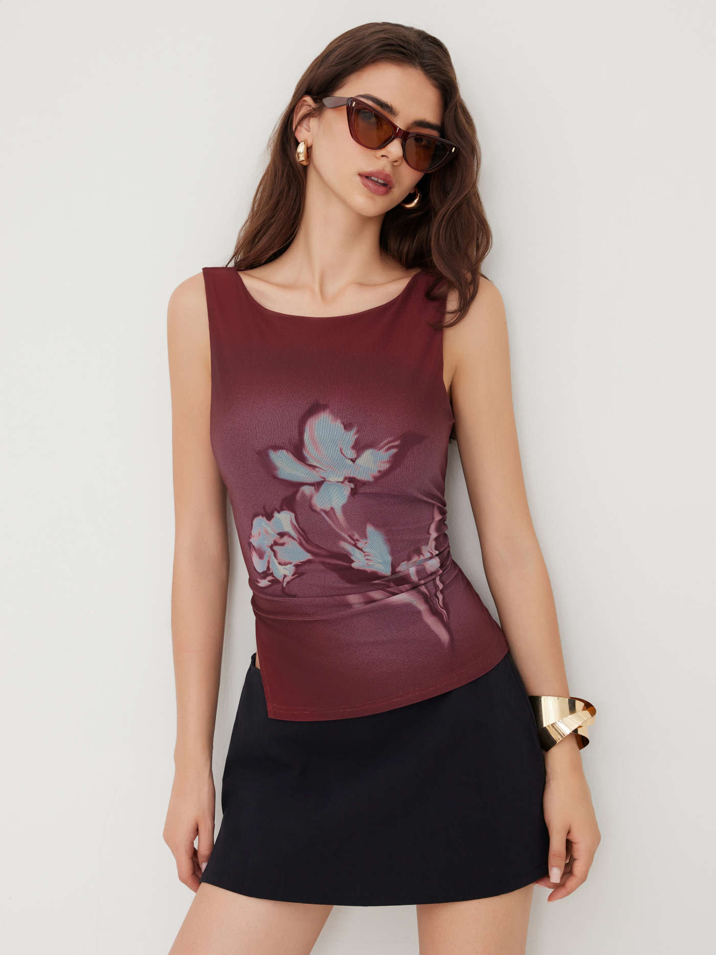 Mesh Boat Neck Floral Graphic Ruched Split Tank Top | Cider