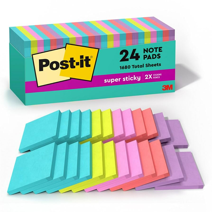 Post-it Super Sticky Notes, 24 Sticky Note Pads, 3 x 3 in., School Supplies, Office Products, Sti... | Amazon (US)
