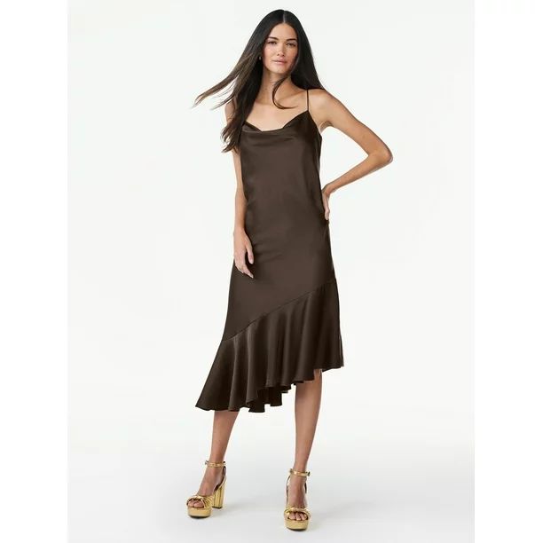 Scoop Women’s Asymmetrical Satin Ruffle Cami Dress, Sizes XS-XXL | Walmart (US)