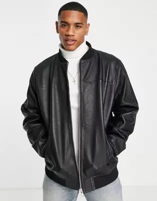 Barneys Originals leather oversized bomber jacket in black | ASOS (Global)