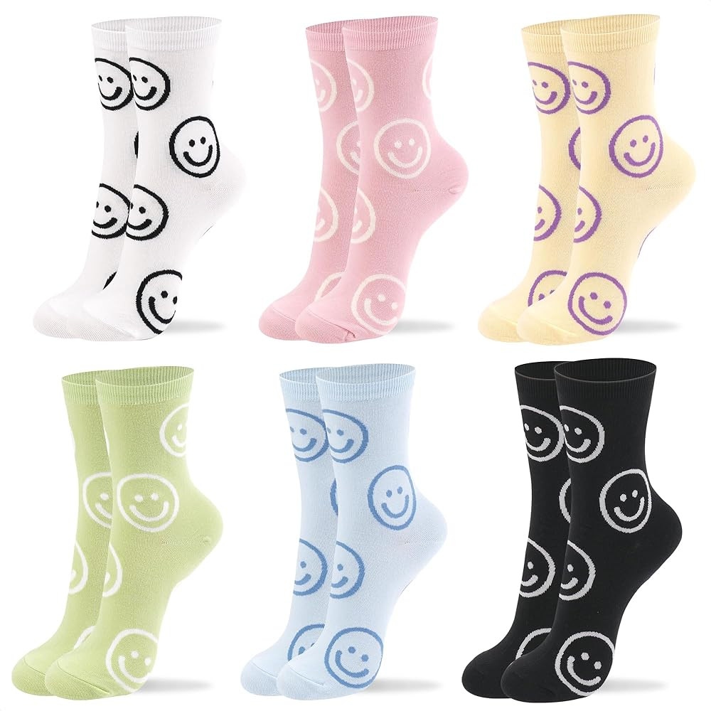kikiya socks Women Crew | 4-6 Pairs Smiley Face Print Red Heart Preppy Design Fruit Graphic Cute ... | Amazon (US)